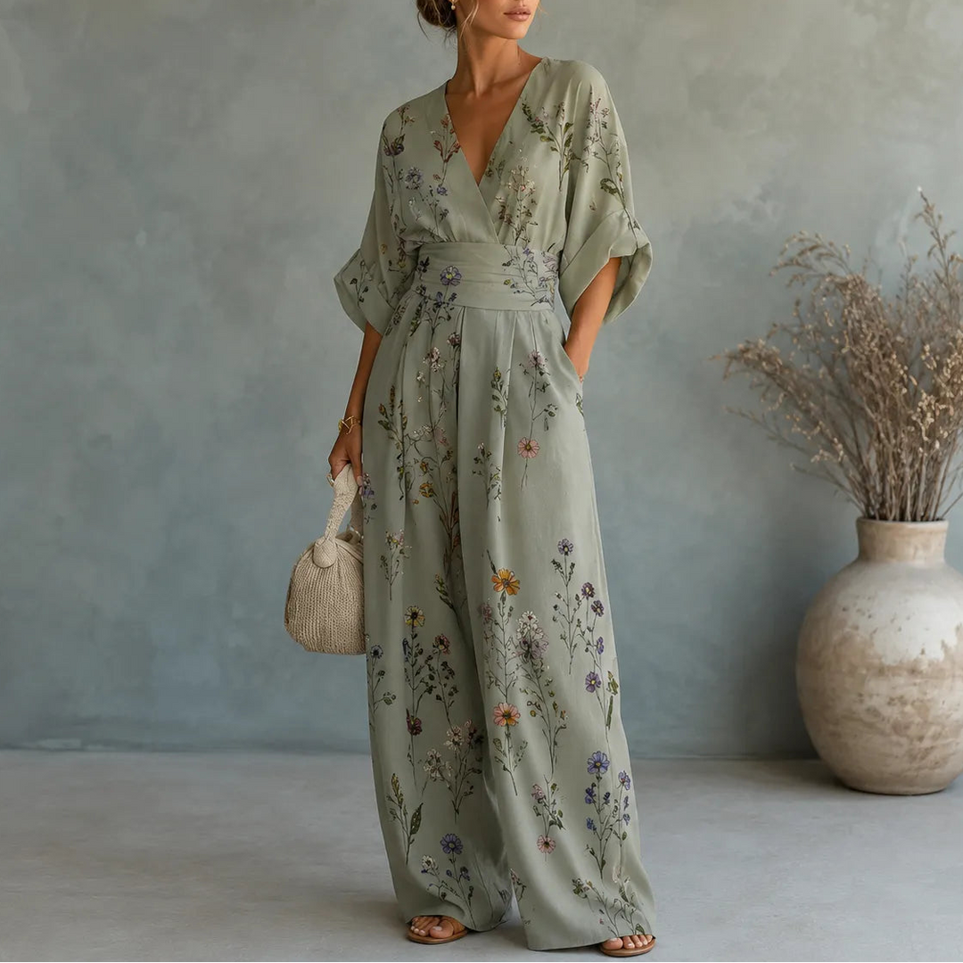 Solene – Printed V-Neck Wide-Leg Jumpsuit with Cinched Waist and Pockets