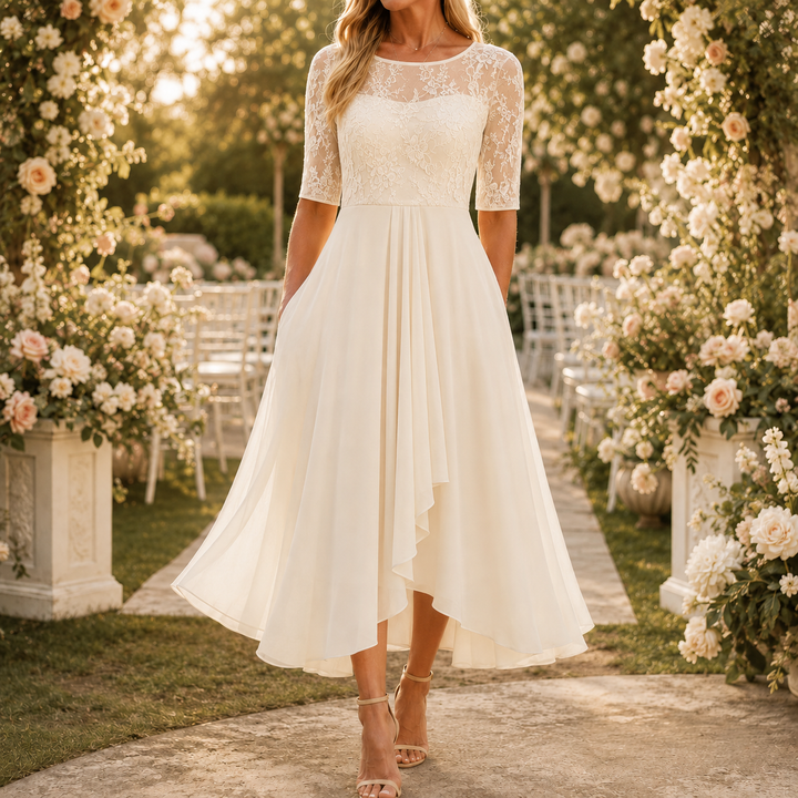 Elarose – Embroidered Lace Bodice Midi Dress for Weddings