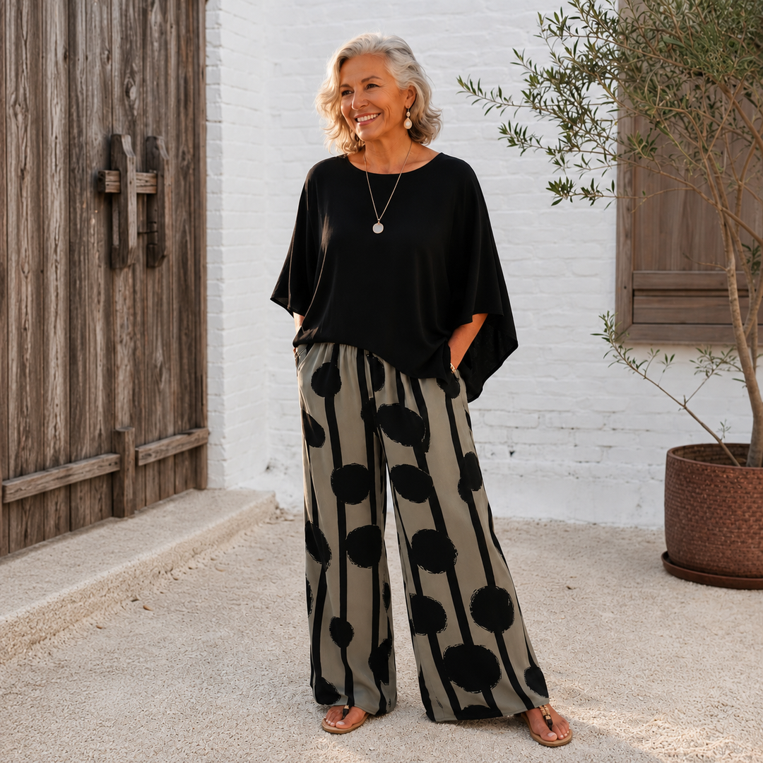 Lunetta – Asymmetric Poncho Top And Wide-Leg Pants Set