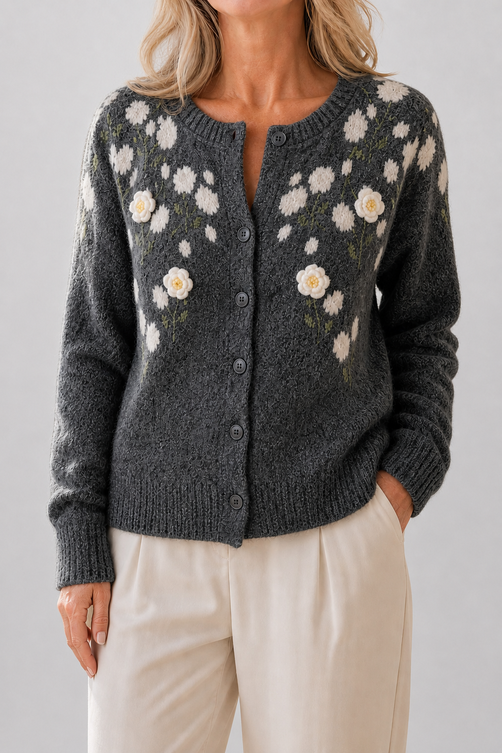 Meadowlin – Floral Knit Open-Front Cardigan