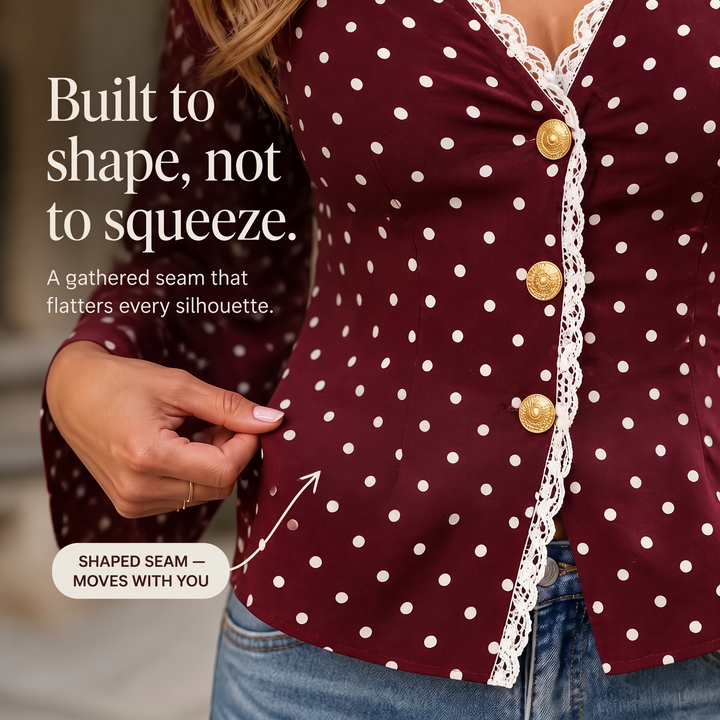 Lacelyn – Polka Dot Lace-Spliced V-Neck Blouse