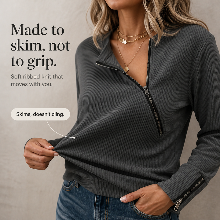 Layerly – Asymmetric Zip Ribbed Knit Top
