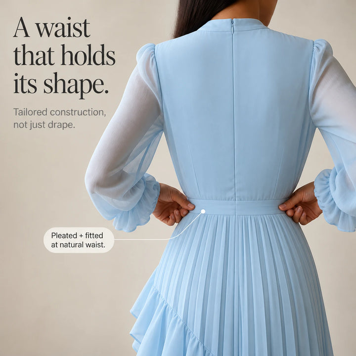 Florenza – Pleated Asymmetrical Ruffle Midi Dress