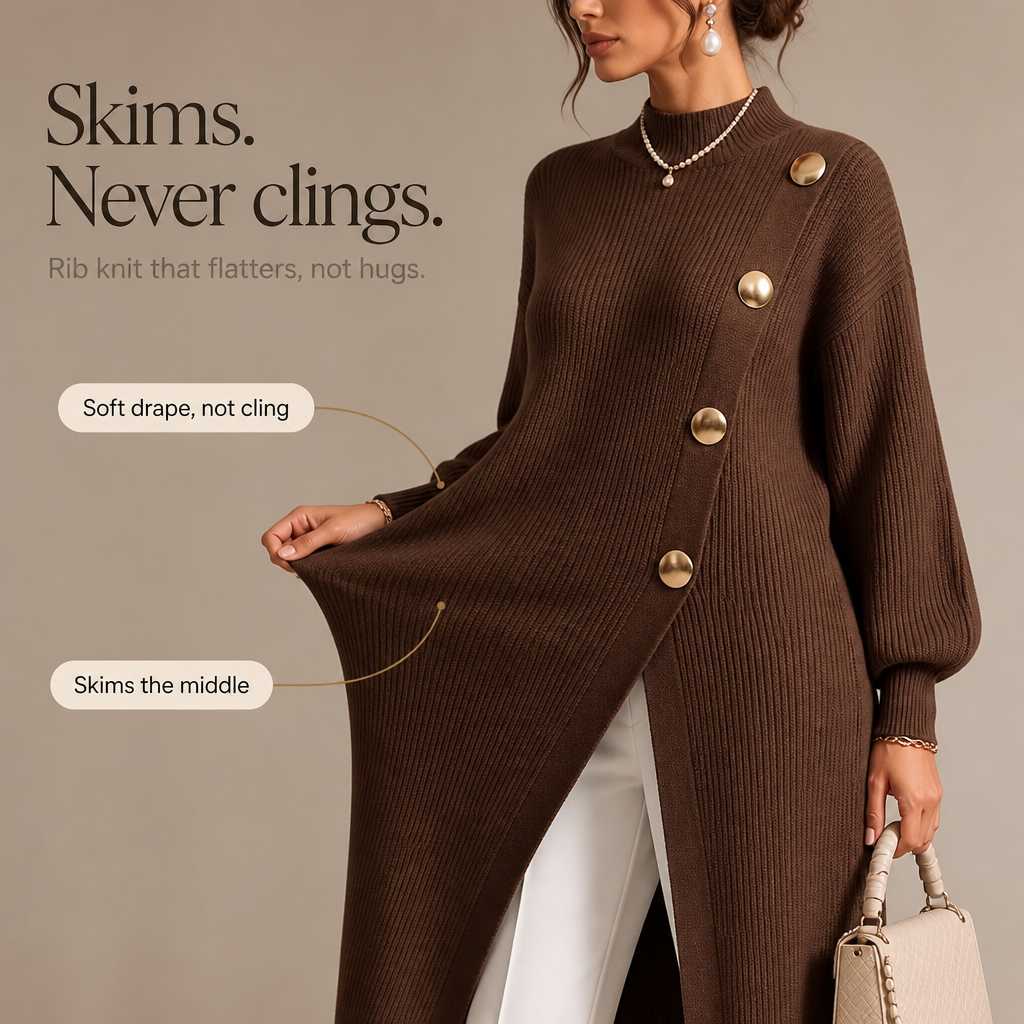 Wearbella – Gold-Tone Button Asymmetric Ribbed Knit Tunic