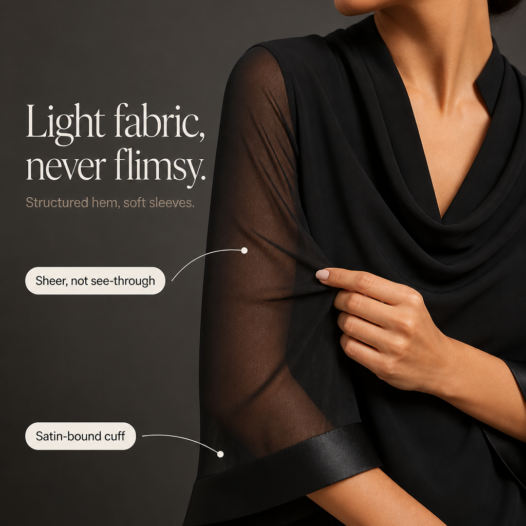 Cowlora – Cowl Neck Sheer Sleeve Asymmetrical Blouse