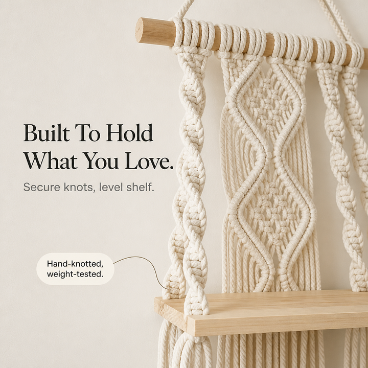 Woven Haven – Macramé Diamond Pattern Wooden Wall Shelf
