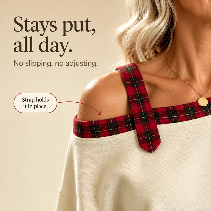 Plaidella – Plaid Ruffle Off-Shoulder Sweatshirt