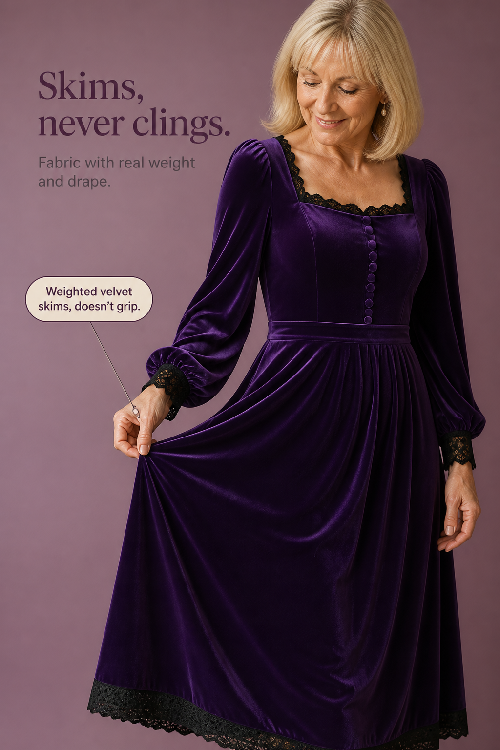 Velourette – Square Neck Fitted Waist Velvet Midi Dress