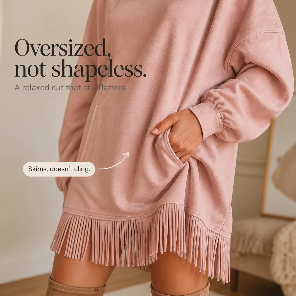 Suede Swing – Faux Suede Fringe Turtleneck Dress
