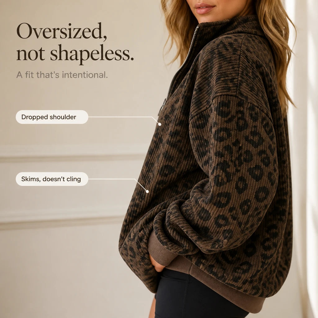 Roamprint – Leopard Print Oversized Quarter-Zip Sweatshirt
