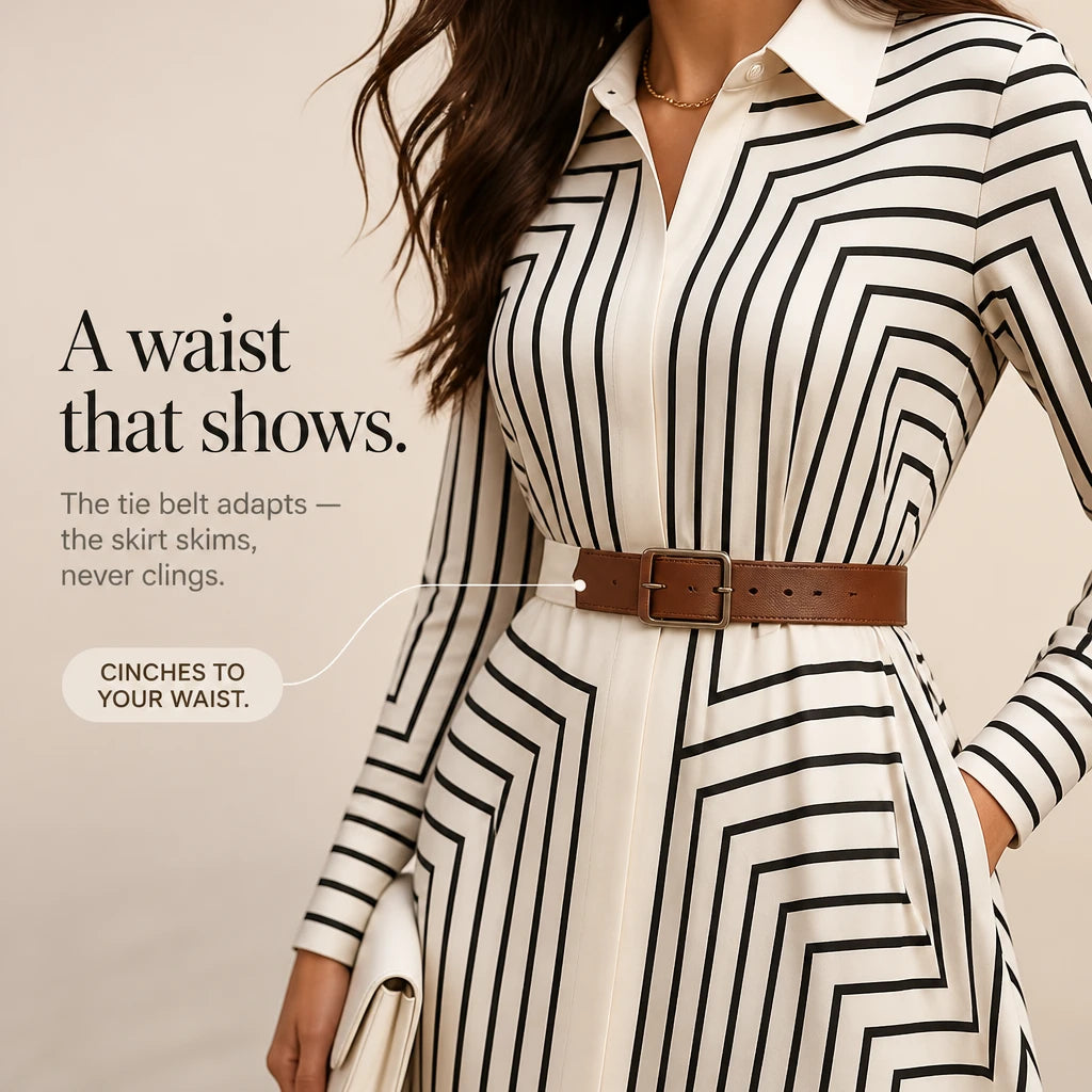 Linea Midi – Geometric Print Belted Shirt Dress