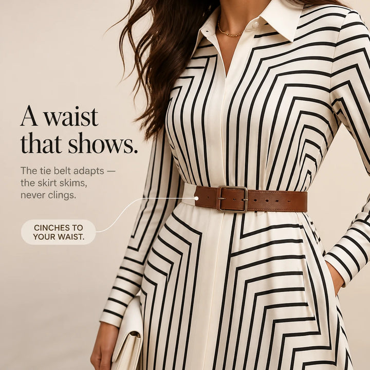 Linea Midi – Geometric Print Belted Shirt Dress