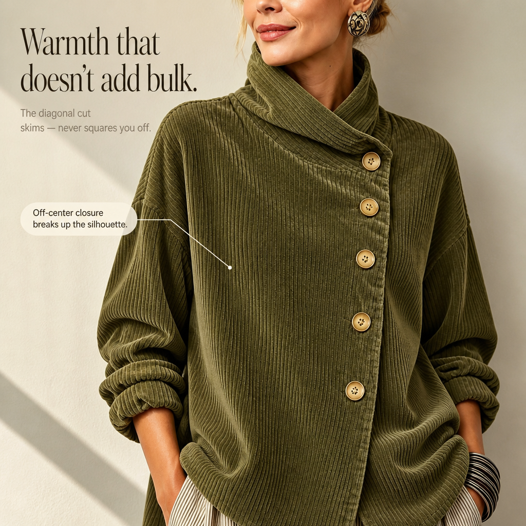 Foldover – Asymmetric Placket Funnel Neck Corduroy Top