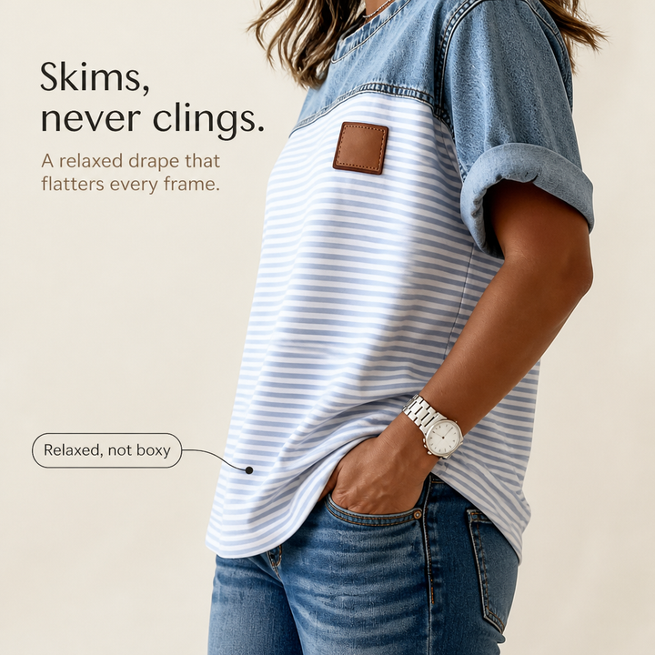 Denimelle – Denim-Look Yoke Ribbed Color-Block Top