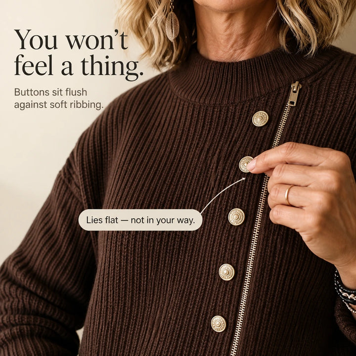 Velaire – Asymmetric Button Zip Ribbed Knit Pullover