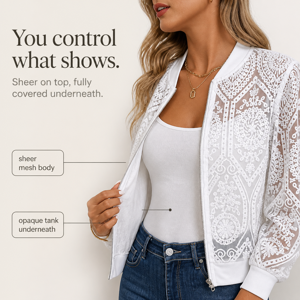 Laceleigh – Sheer Floral Lace Bomber Jacket
