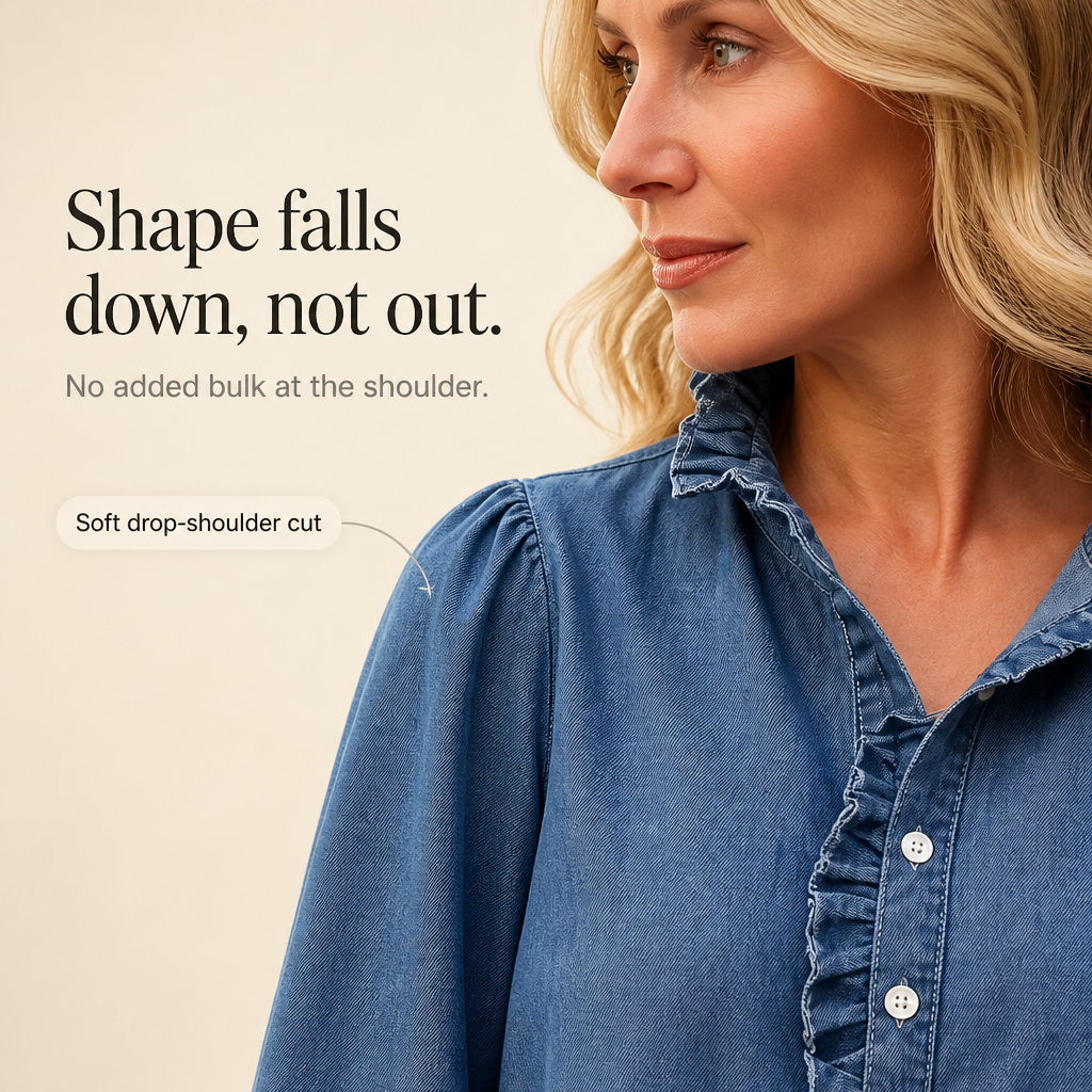 Ruffle & Row – Ruffle Collar Puff-Sleeve Denim Top
