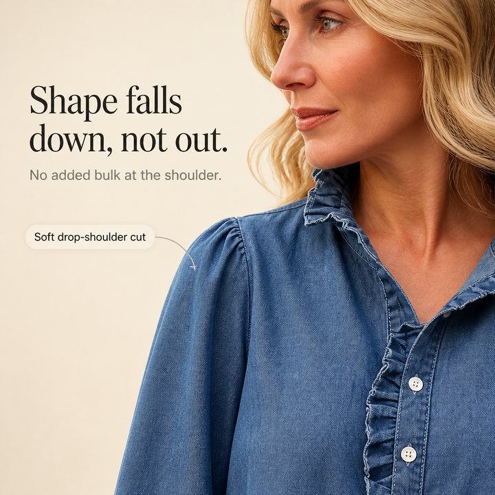 Ruffle & Row – Ruffle Collar Puff-Sleeve Denim Top