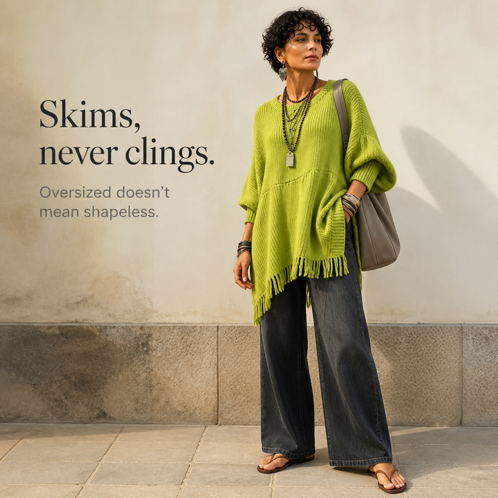Limehaven – Textured Fringe Batwing Knit Poncho
