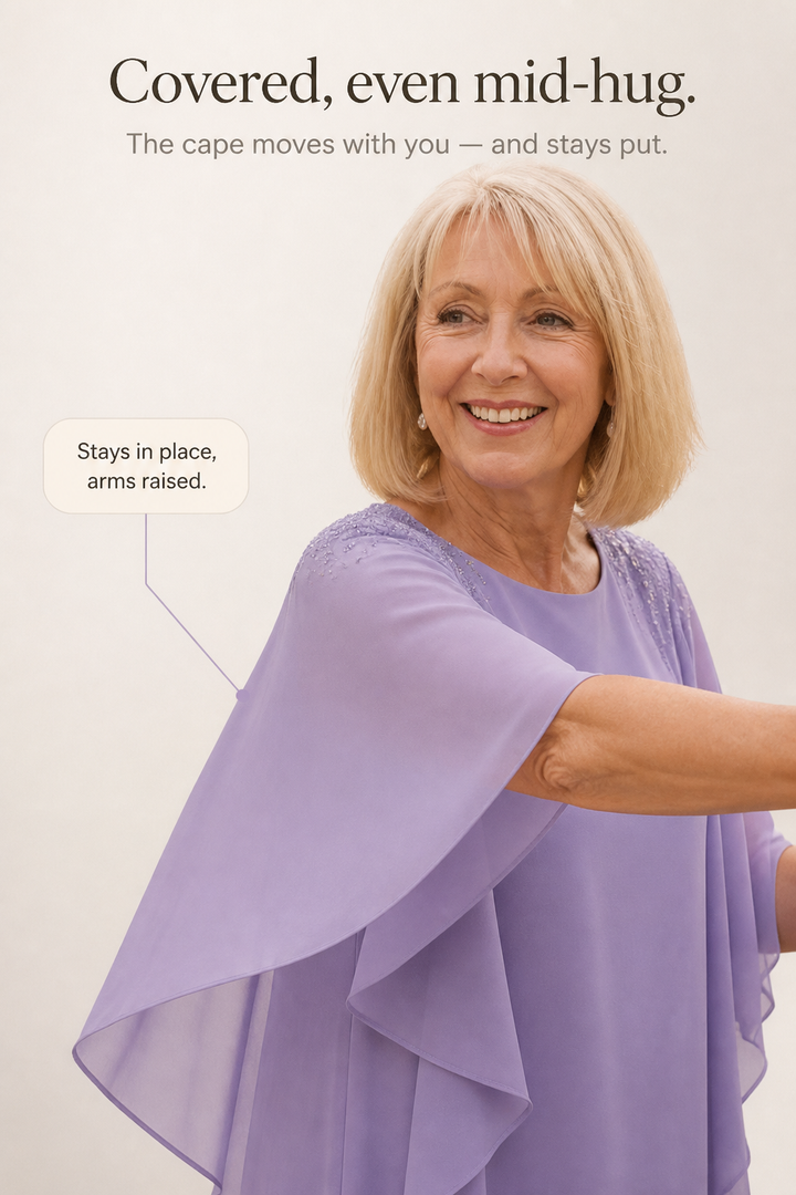 Vellamora – Cape Sleeve Layered Chiffon-Look Evening Gown