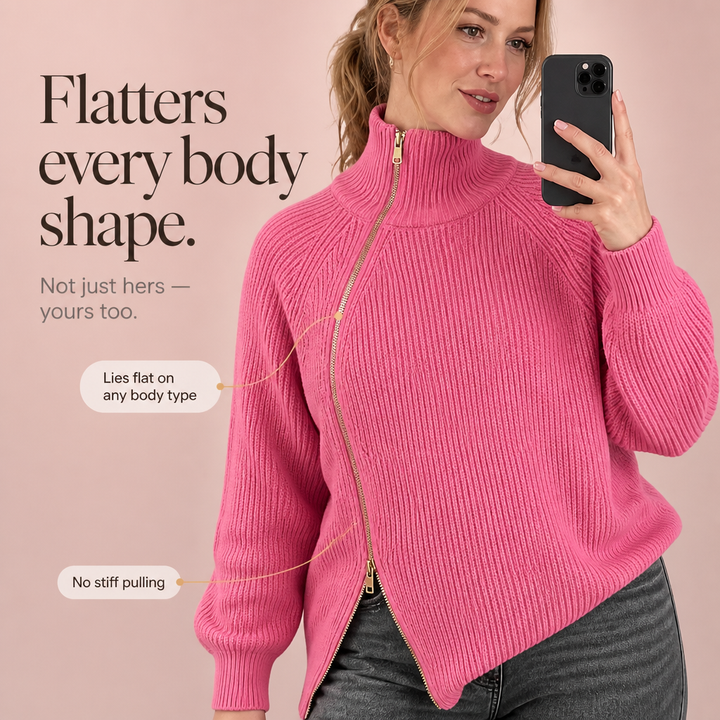 Wearbella – Asymmetric Zip Ribbed Knit Sweater