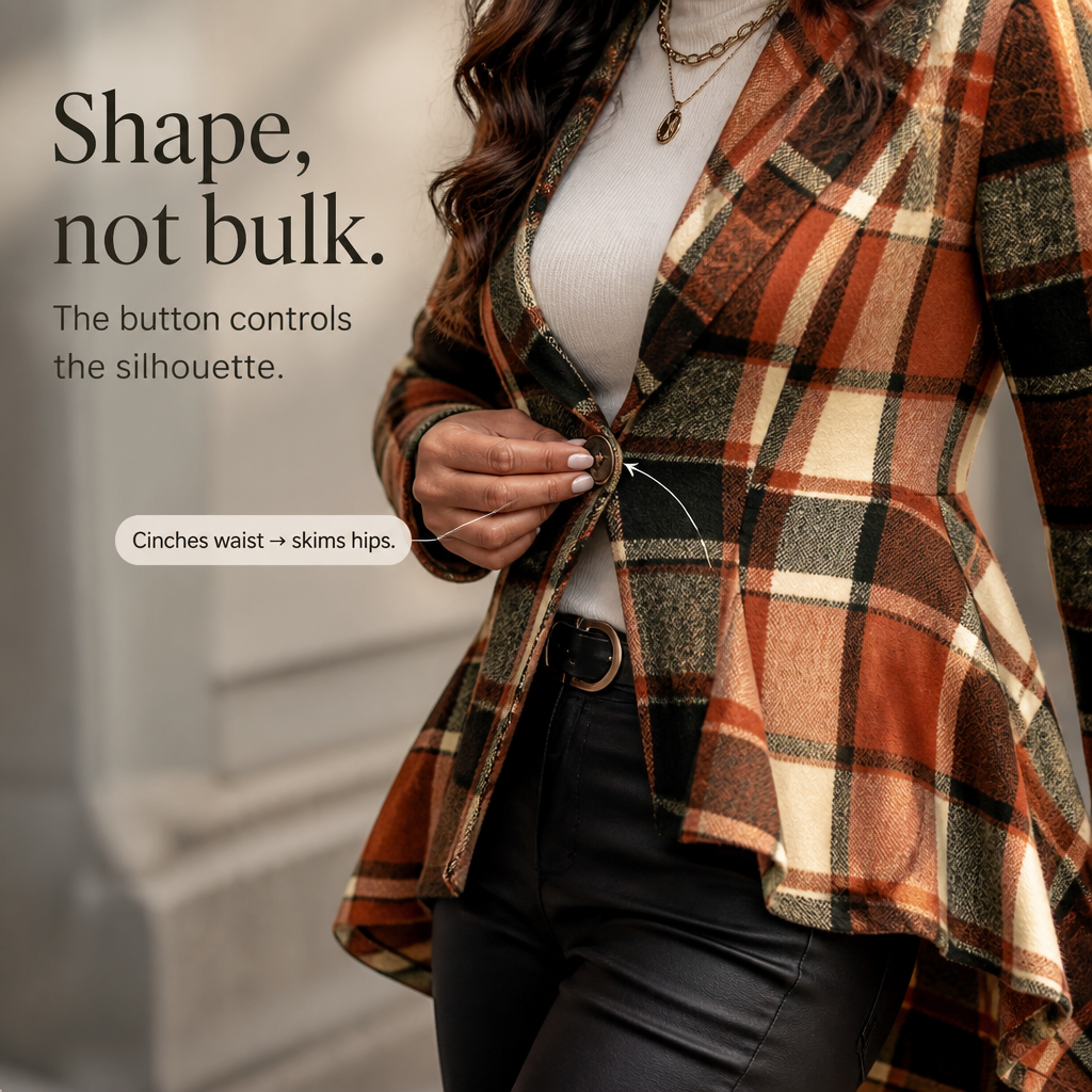 Wearbella – Cinched-Waist High-Low Plaid Peplum Coat