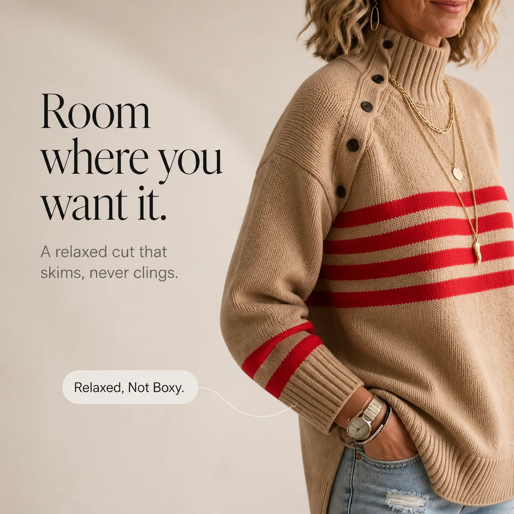 Cozyline – Striped High-Neck Button-Shoulder Knit Pullover