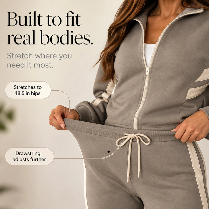 Stride & Set – Cream-Striped Sporty Two-Piece Set