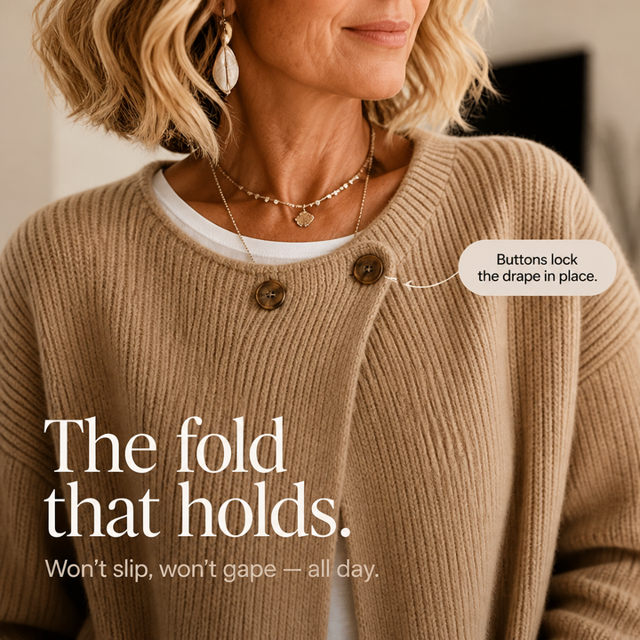Drape & Rib – Asymmetrical Neck Ribbed Button Cardigan
