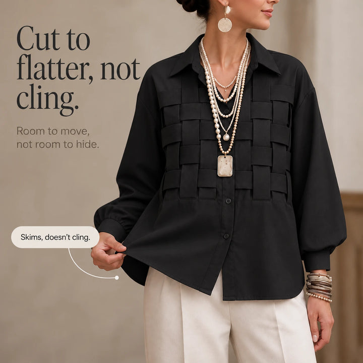 Wovelle – Raised Woven-Check Long-Sleeve Blouse