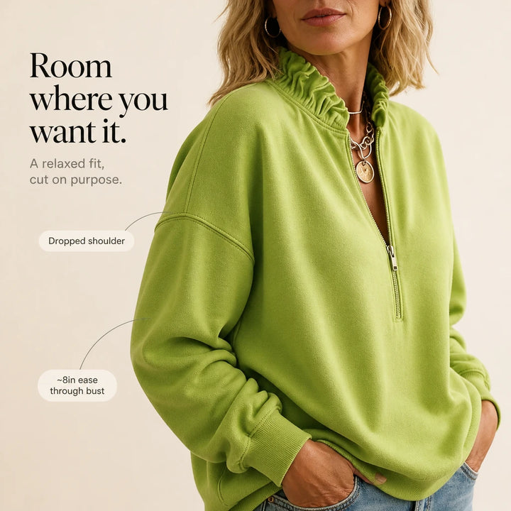 Ruffle & Rise – Ruffled Mock-Neck Quarter-Zip Sweatshirt