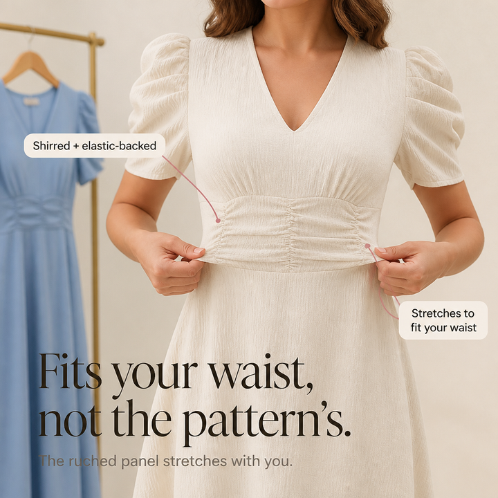 Wearbella – Ruched Waist Puff Sleeve V-Neck Midi Dress