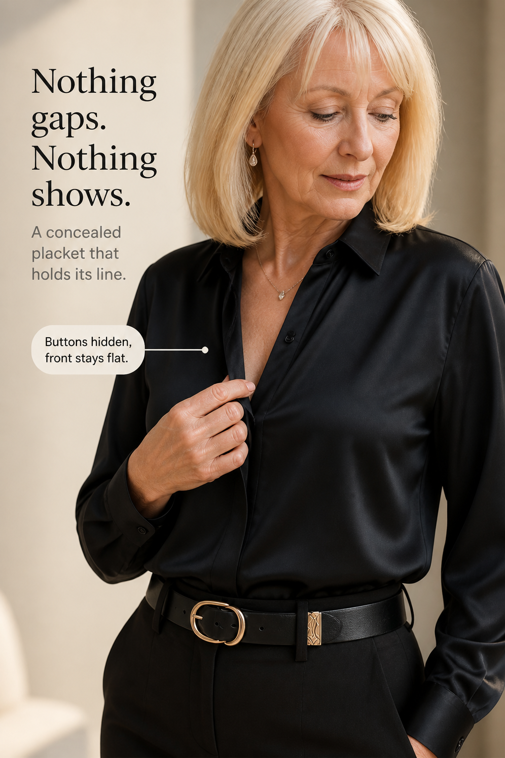 Placket & Poise – Concealed Placket Satin Long Sleeve Blouse