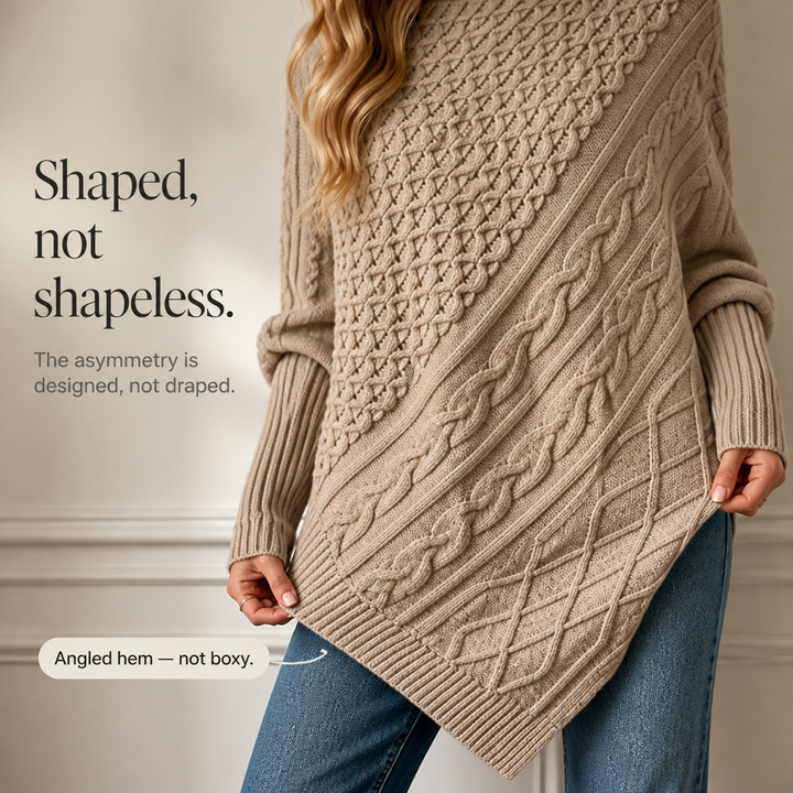 Cablelle – Asymmetric Cable-Knit Turtleneck Poncho