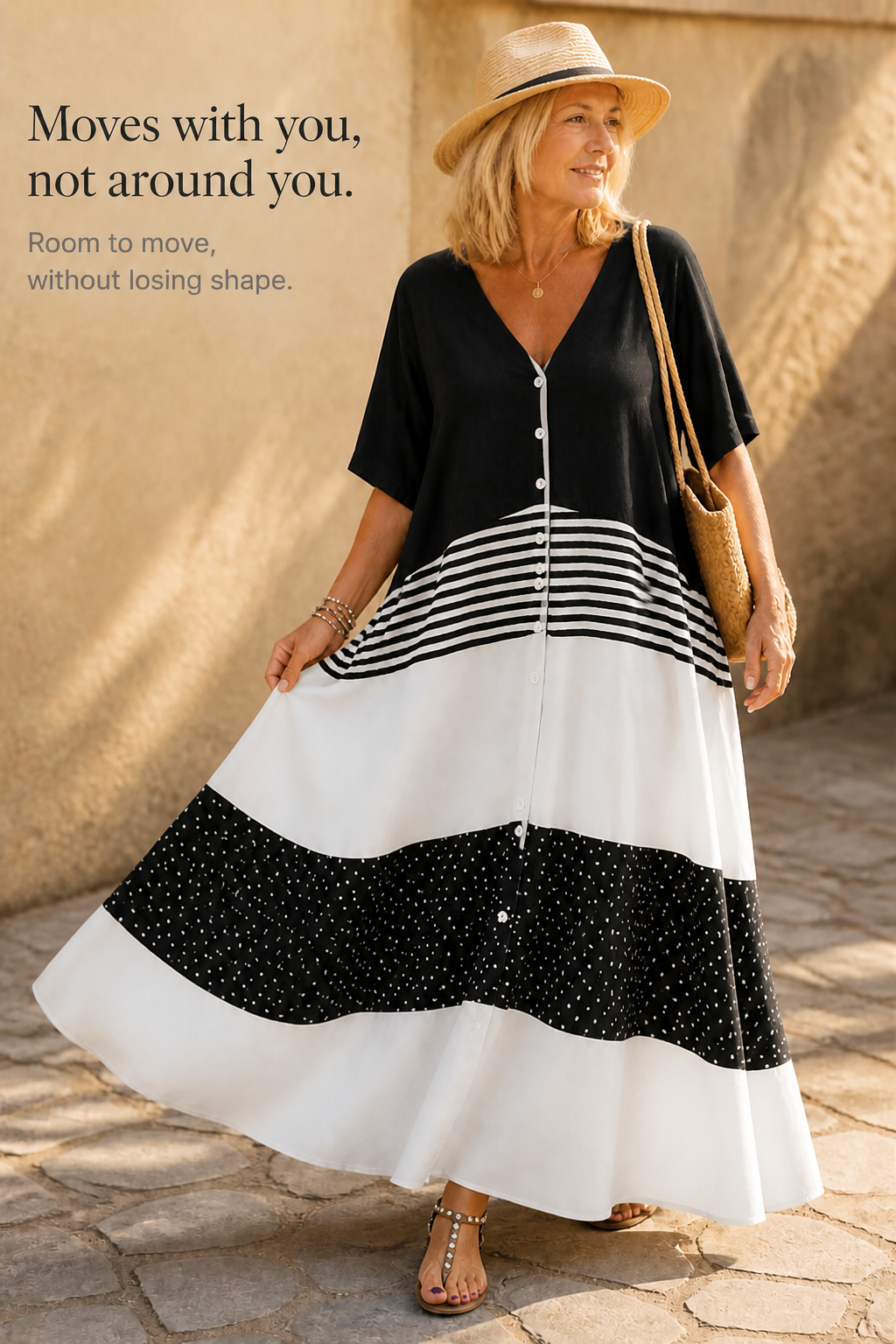 Lineluxe – V-Neck Button-Up Flowy Maxi Dress