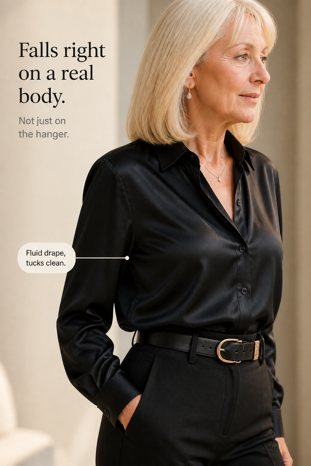 Placket & Poise – Concealed Placket Satin Long Sleeve Blouse