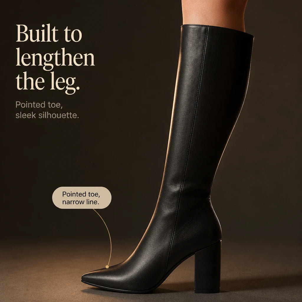 Elara – Pointed-Toe Chunky-Heel Knee-High Boots