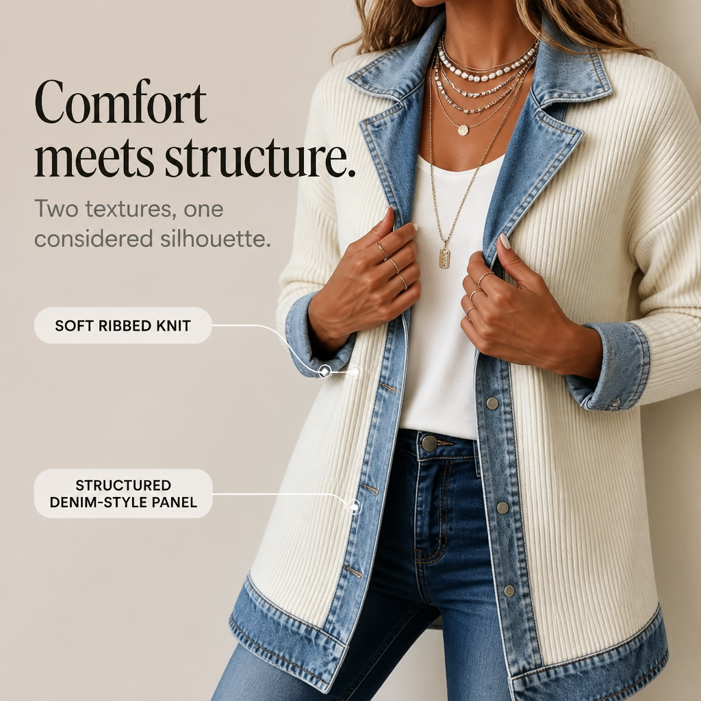 Ribova – Ribbed Knit Coat With Denim Panels