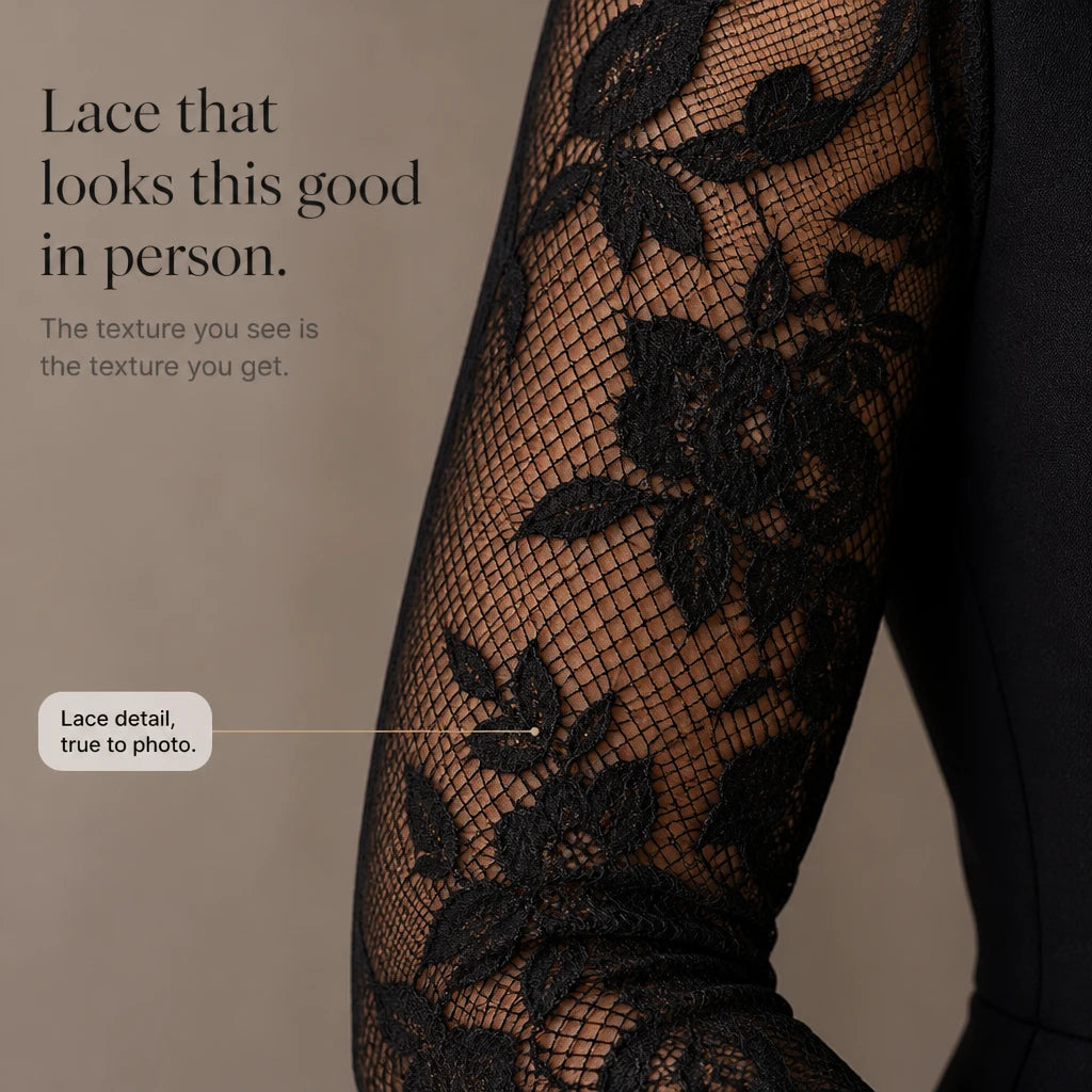 Belleform – Lace-Sleeve Blazer-Wrap Asymmetric Hem Dress