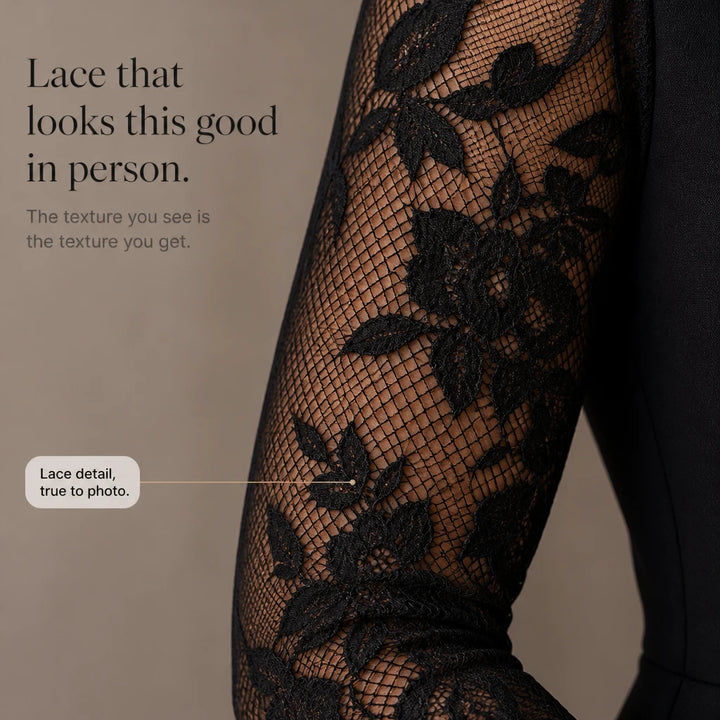 Belleform – Lace-Sleeve Blazer-Wrap Asymmetric Hem Dress