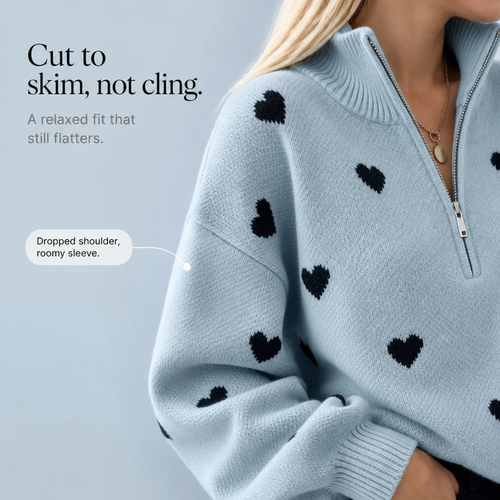 Lovelle – Heart-Pattern Quarter-Zip Sweater