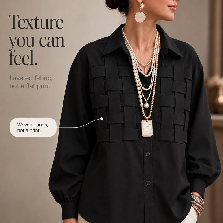 Wovelle – Raised Woven-Check Long-Sleeve Blouse