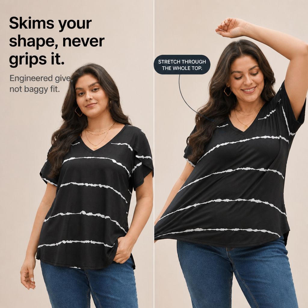 Curvella – Striped V-Neck Stretch Knit Tee
