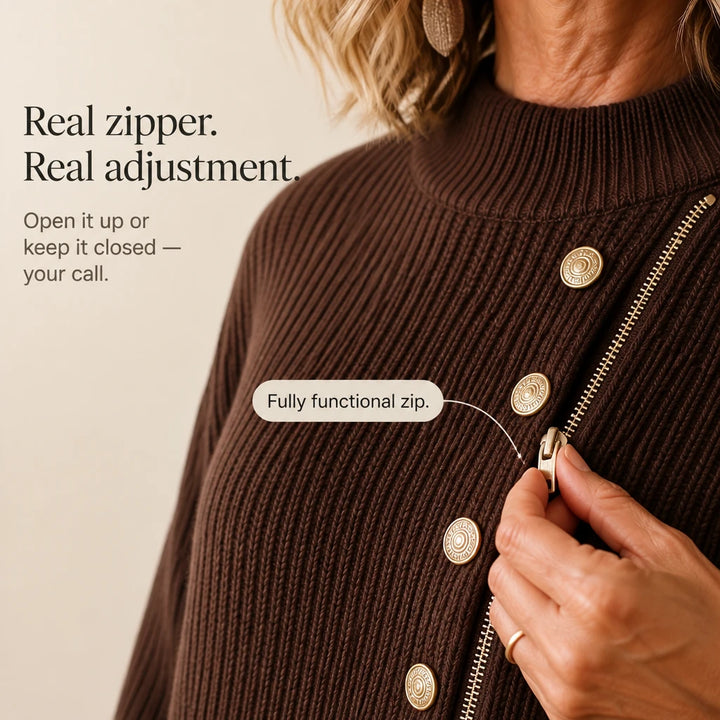 Velaire – Asymmetric Button Zip Ribbed Knit Pullover