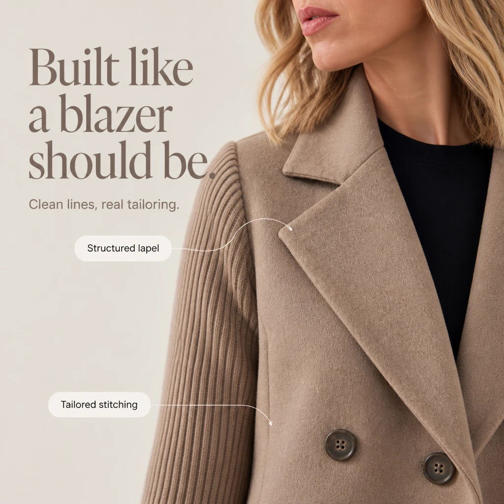 Celeste – Suede-Look Double-Breasted Knit-Sleeve Jacket
