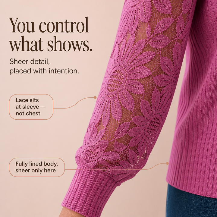 Softline Atelier – Floral Lace-Look Panel Ribbed Knit Top