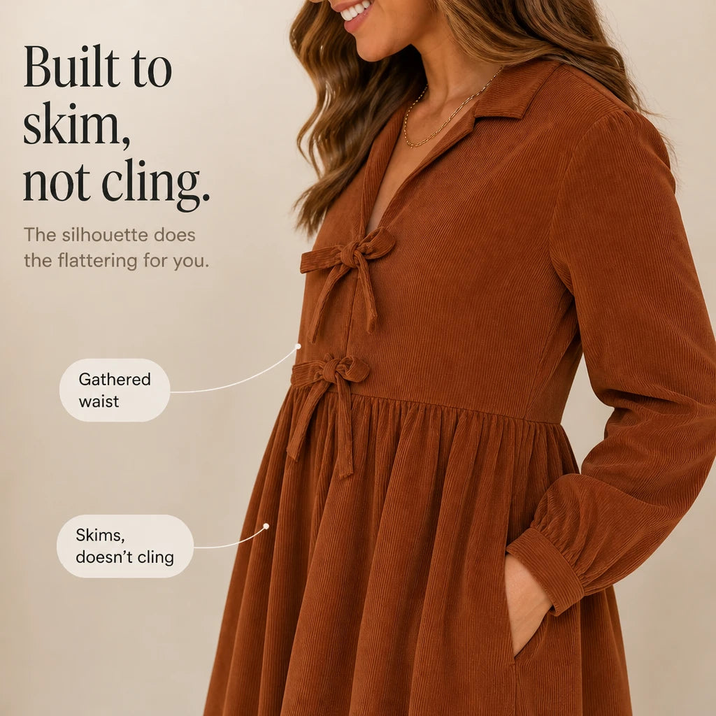 Cordelia – Bow-Front Corduroy-Look Babydoll Dress