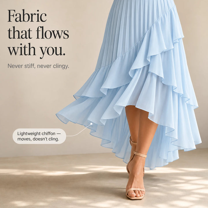 Florenza – Pleated Asymmetrical Ruffle Midi Dress