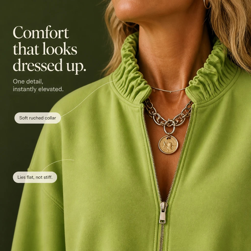 Ruffle & Rise – Ruffled Mock-Neck Quarter-Zip Sweatshirt
