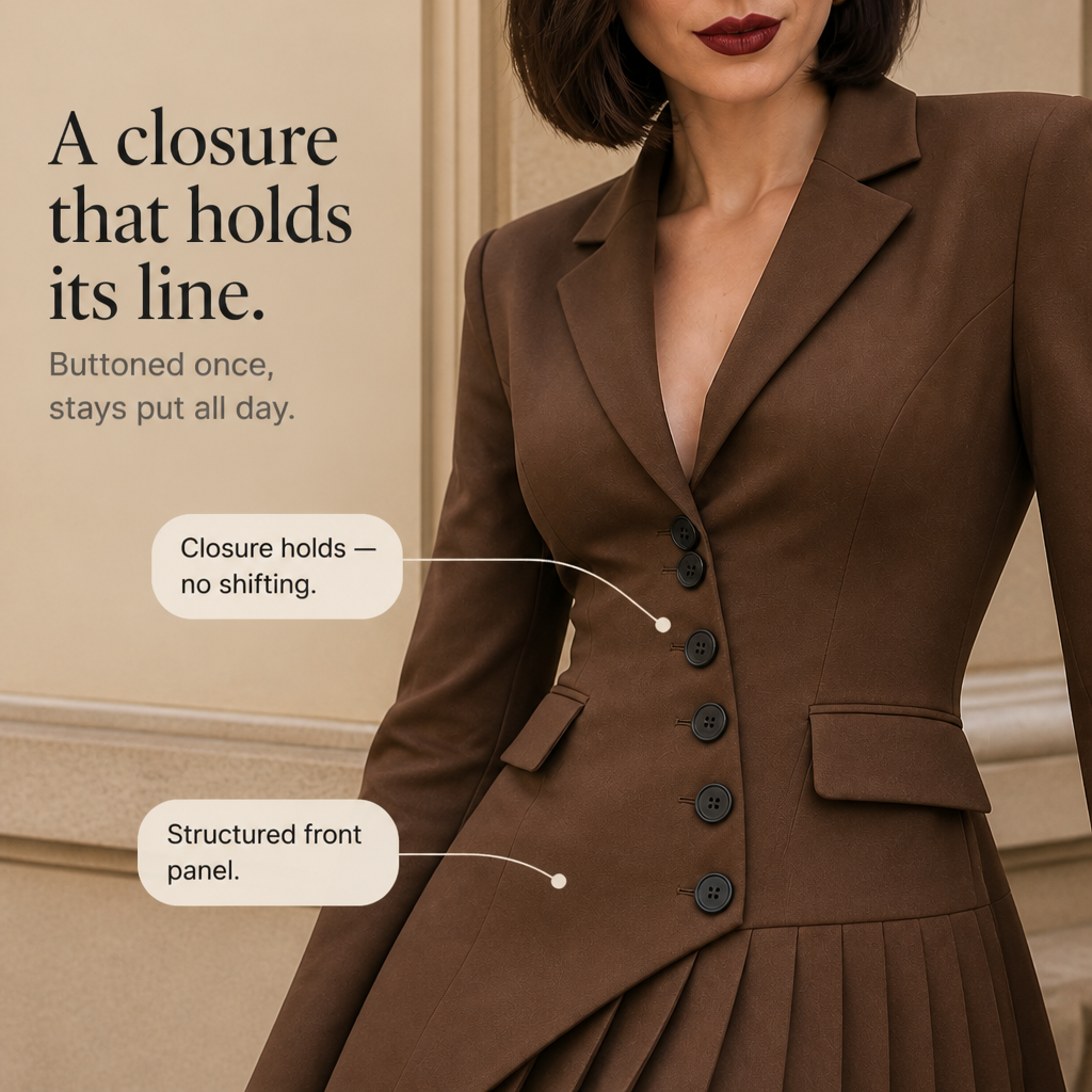 Blazelle – Diagonal Button Asymmetric Pleated Blazer Mini Dress